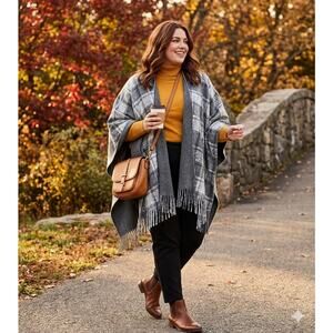 Eivissa Gray Plaid Reversible Wrap Poncho Fringe Trim One Size